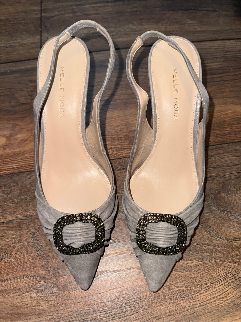 Pelle Moda Gray Suede Slingback Pointed Pumps with Jeweled Buckle